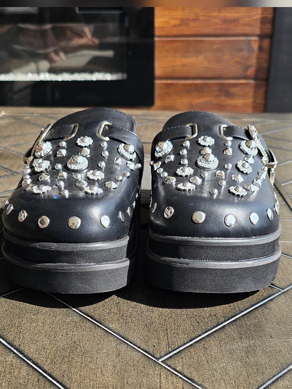 Black Embellished Platform Clog Mule w/Buckle Detail Biker Goth Women Sz 8.5 NEW - Picture 2 of 8